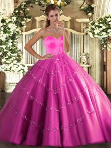 Custom Made Sleeveless Tulle Floor Length Lace Up Quinceanera Gown in Hot Pink with Beading and Appliques