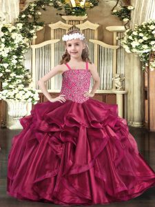 Latest Straps Sleeveless Lace Up Pageant Dress for Girls Fuchsia Organza