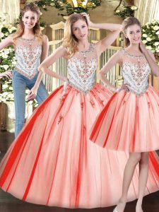 Fantastic Floor Length Three Pieces Sleeveless Red Quince Ball Gowns Zipper