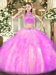 Tulle High-neck Sleeveless Backless Beading and Ruffles Quinceanera Dress in Lilac