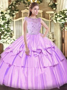 Lavender Tulle Zipper Bateau Sleeveless Floor Length 15th Birthday Dress Beading and Ruffled Layers