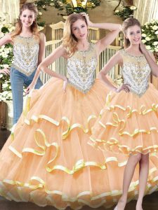 Customized Scoop Sleeveless Quinceanera Gown Floor Length Beading and Ruffled Layers Peach Organza