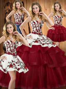 Cute Organza Sweetheart Sleeveless Sweep Train Lace Up Embroidery 15 Quinceanera Dress in Wine Red