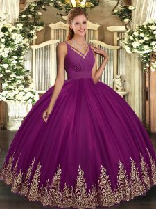 Purple Ball Gowns Beading and Appliques 15 Quinceanera Dress Backless Tulle Sleeveless Floor Length