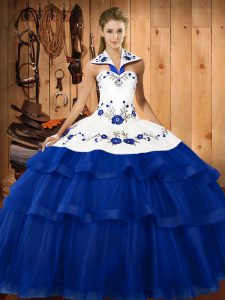 Blue Sweet 16 Dress Halter Top Sleeveless Sweep Train Lace Up