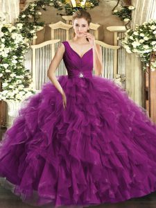 Fuchsia Tulle Backless Ball Gown Prom Dress Sleeveless Floor Length Beading