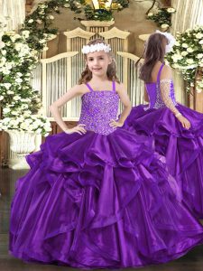 Beading and Ruffles Little Girls Pageant Dress Purple Lace Up Sleeveless Floor Length