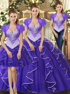 Tulle Straps Sleeveless Lace Up Beading and Ruffles Quince Ball Gowns in Purple