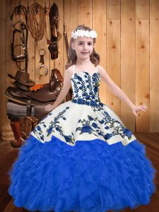 Cute Blue Straps Lace Up Embroidery and Ruffles Pageant Gowns Sleeveless