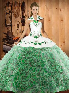 Multi-color Sweet 16 Dresses Military Ball and Sweet 16 and Quinceanera with Embroidery Halter Top Sleeveless Sweep Train Lace Up