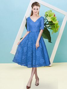 Beauteous Blue Half Sleeves Bowknot Tea Length Quinceanera Court of Honor Dress