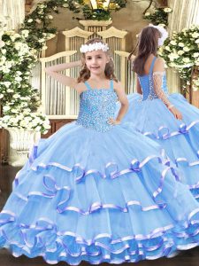 Sleeveless Lace Up Floor Length Beading and Ruffled Layers Pageant Gowns For Girls
