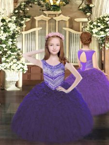 Purple Ball Gowns Scoop Sleeveless Organza Floor Length Lace Up Beading and Ruffles Pageant Dress for Girls