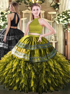 Luxurious Olive Green Halter Top Backless Beading and Embroidery and Ruffles Quinceanera Gowns Sleeveless
