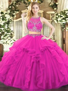 Custom Fit Floor Length Zipper Vestidos de Quinceanera Fuchsia for Military Ball and Sweet 16 and Quinceanera with Beading and Ruffles