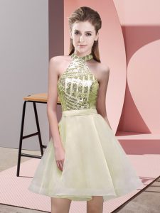 Delicate Light Yellow Sleeveless Mini Length Sequins Backless Dama Dress for Quinceanera
