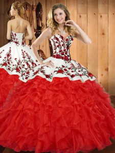 Sleeveless Floor Length Embroidery and Ruffles Lace Up Ball Gown Prom Dress with Wine Red