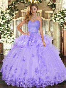 Lavender Lace Up Quince Ball Gowns Beading and Appliques and Ruffles Sleeveless Floor Length