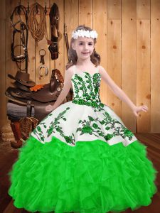Latest Straps Sleeveless High School Pageant Dress Floor Length Embroidery and Ruffles Green Organza