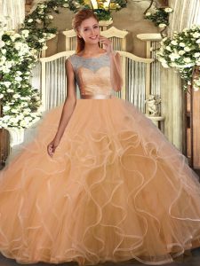 Low Price Scoop Sleeveless Backless Ball Gown Prom Dress Peach Tulle