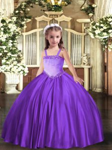 Floor Length Lavender Little Girl Pageant Dress Satin Sleeveless Appliques