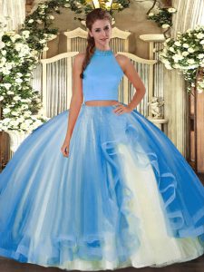 Light Blue Two Pieces Halter Top Sleeveless Tulle Floor Length Backless Beading and Ruffles Sweet 16 Dresses