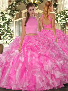 Two Pieces Vestidos de Quinceanera Rose Pink Halter Top Organza Sleeveless Floor Length Backless
