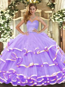 Hot Selling Lavender Organza Lace Up Sweetheart Sleeveless Floor Length Quince Ball Gowns Ruffled Layers