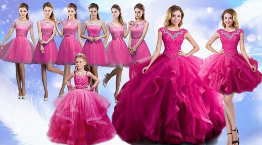 Fuchsia Organza Lace Up Ball Gown Prom Dress Sleeveless Floor Length Beading and Ruffles