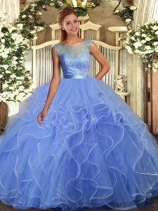 Cheap Blue Sleeveless Floor Length Ruffles Backless 15 Quinceanera Dress