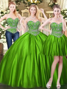 Green Sleeveless Floor Length Beading Lace Up Quinceanera Dresses