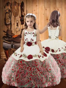 Most Popular Multi-color Sleeveless Floor Length Embroidery and Ruffles Lace Up Little Girls Pageant Dress