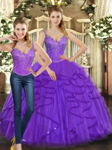 Purple Organza Lace Up Straps Sleeveless Floor Length Vestidos de Quinceanera Beading and Ruffles