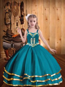 Straps Sleeveless Organza Little Girls Pageant Dress Embroidery and Ruffled Layers Lace Up