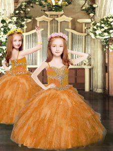 Rust Red Ball Gowns Tulle Spaghetti Straps Sleeveless Beading and Ruffles Floor Length Lace Up Little Girl Pageant Dress