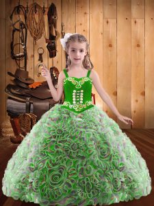 Straps Sleeveless Fabric With Rolling Flowers Child Pageant Dress with Headpieces Embroidery and Ruffles Lace Up
