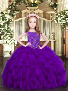 Floor Length Purple Kids Pageant Dress Organza Sleeveless Beading and Ruffles