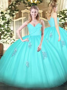 Top Selling Sleeveless Floor Length Appliques Zipper Quinceanera Dress with Aqua Blue