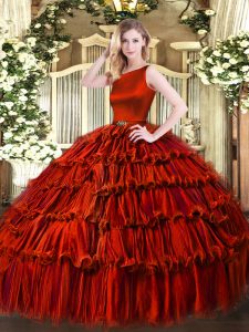Exceptional Ruffled Layers Quince Ball Gowns Wine Red Clasp Handle Sleeveless Floor Length