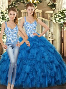 Classical Floor Length Lace Up Quinceanera Gowns Blue for Military Ball and Sweet 16 and Quinceanera with Beading and Ruffles