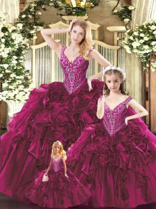 On Sale Fuchsia Sleeveless Floor Length Beading and Ruffles Lace Up 15 Quinceanera Dress