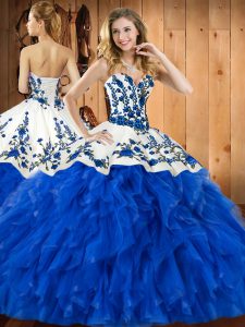 Blue Ball Gowns Tulle Sweetheart Sleeveless Embroidery and Ruffles Floor Length Lace Up Quince Ball Gowns