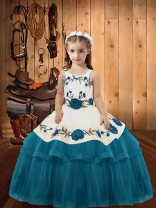 Teal Organza Lace Up Straps Sleeveless Floor Length Kids Pageant Dress Embroidery and Ruffled Layers