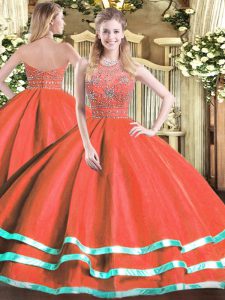 Dazzling Ball Gowns 15 Quinceanera Dress Red Halter Top Tulle Sleeveless Floor Length Zipper