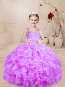 Lilac Organza Lace Up Little Girls Pageant Dress Sleeveless Floor Length Beading