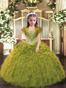 Wonderful Sleeveless Organza Floor Length Lace Up Little Girl Pageant Dress in Olive Green with Beading and Ruffles