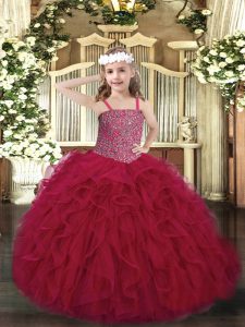 Hot Sale Floor Length Wine Red Pageant Gowns For Girls Straps Sleeveless Lace Up