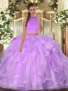 Exquisite Halter Top Sleeveless Organza Quinceanera Gown Beading and Ruffles Backless