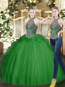 Beautiful Dark Green Ball Gowns Beading and Ruffles Quinceanera Dresses Lace Up Tulle Sleeveless Floor Length