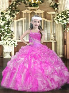 Glorious Sleeveless Floor Length Beading and Ruffles and Sequins Lace Up Kids Formal Wear with Rose Pink